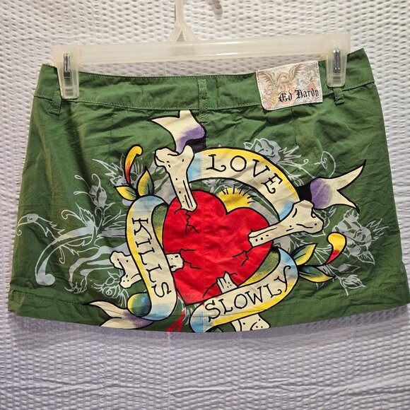 Ed Hardy Love Kills Slowly Women's Size M Cotton Micro Skirt Green with Logo Y2K - Picture 1 of 10